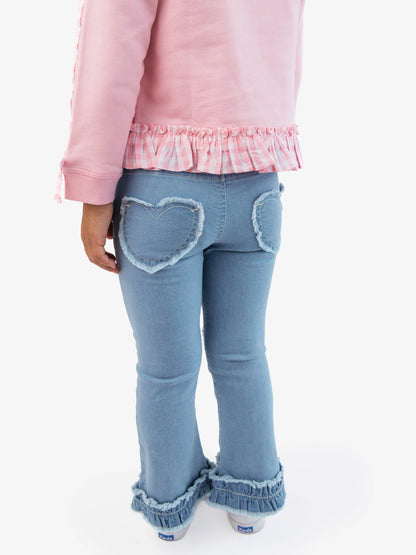 Light Wash Stretch Denim Heart Appliqué Crop Flare Jeans