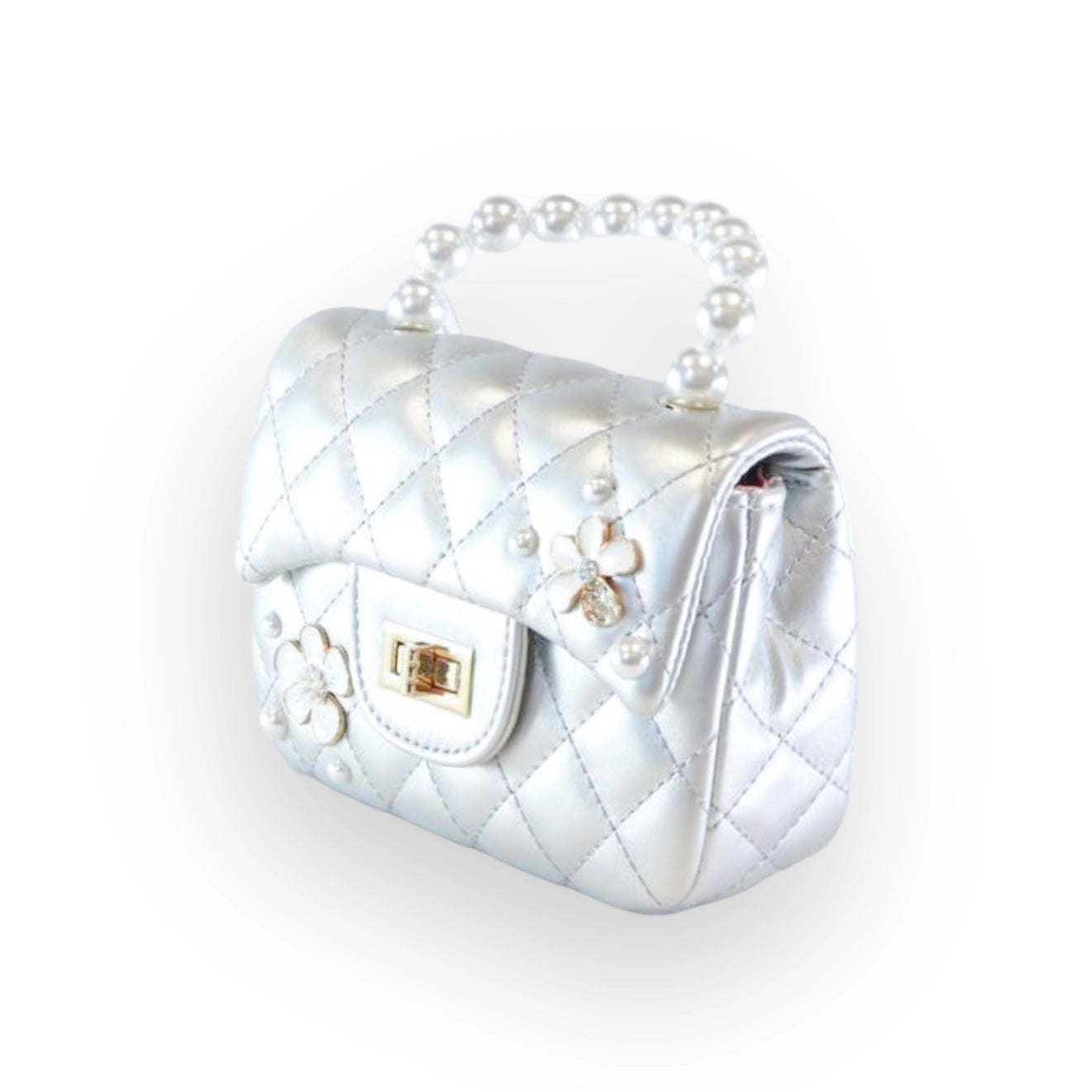 Silver Quilted Charms Purse with Pearl Handle