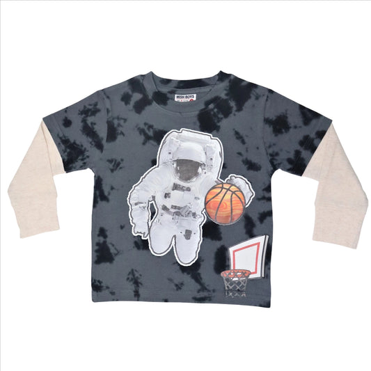 Our Space Hoops 2Fer Long Sleeve Tee is out of this world! Features a black tie dye tee with heather thermal sleeves for that perfect mix of comfort and style. With it's added fun decal, it'll have them double takin'! 