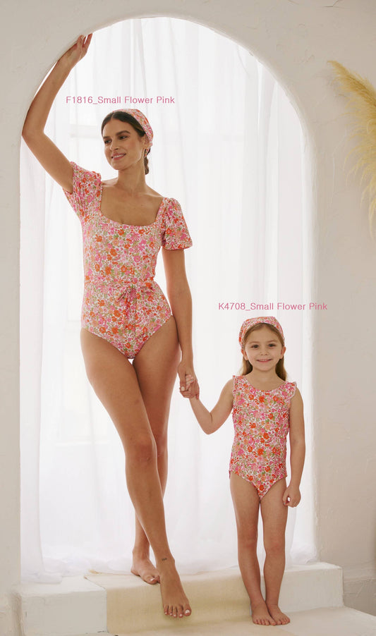 Pink Floral Ruffle Trim One Piece