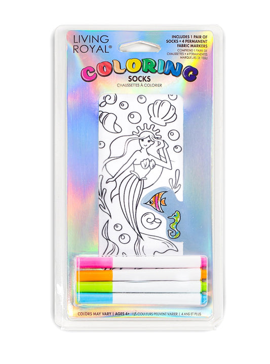 Color your way with our Mermaid Coloring Socks!  Pack includes 1 pair of coloring ankle socks + 4 permanent fabric markers (colors may vary).  ONE SIZE FITS MOST(child age 4+ through women size 11).   Machine washable.