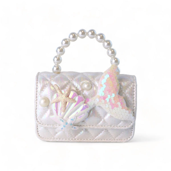 White Mermaid Quilted Purse with Pearl Handle