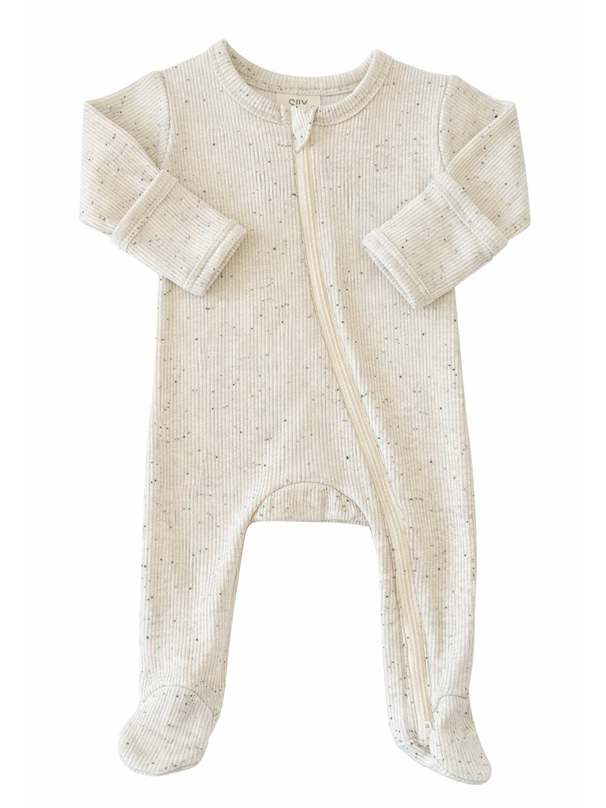 Cream Speckle Ribbed Cotton Zipper Footie