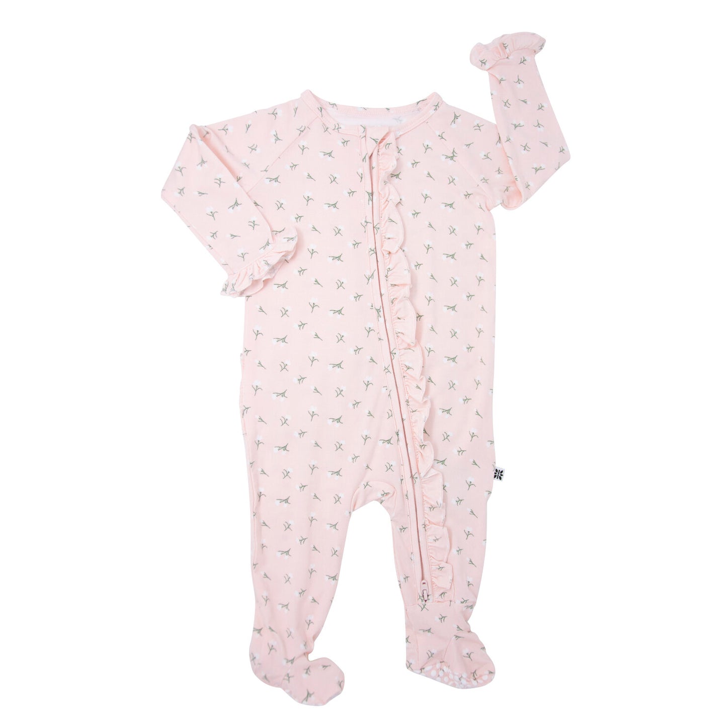 Baby's Breath Bamboo Ruffle Footie. All day comfort with a bit of style. 2-way zipper footie made with yummy, hypoallergenic, silky-smooth bamboo fabric and topped off with no-slip grips on the foot pads to ensure your little one stays stable and they grow.  Tagless size label for total comfort. Safe for sensitive skin.  95% Bamboo Viscose, 5% Spandex. Machine Washable and Dryable!