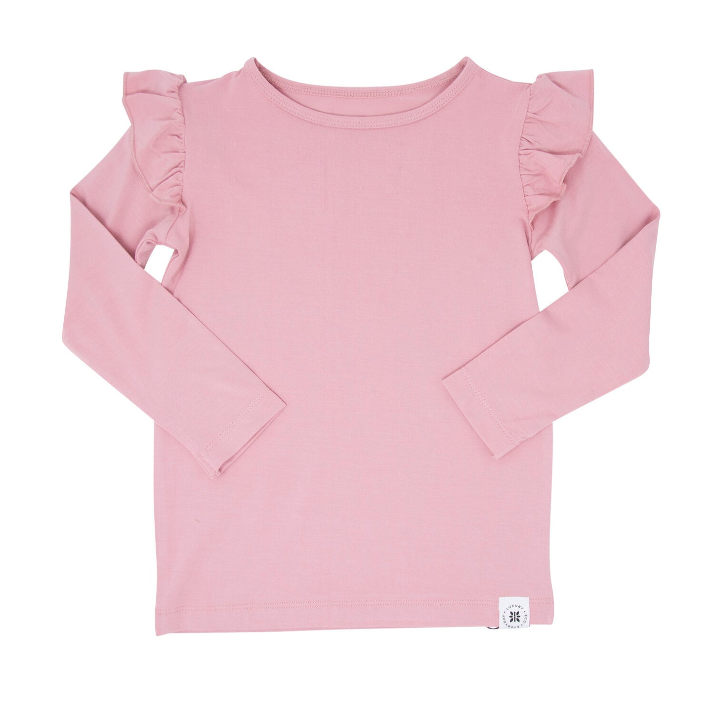 Pale Mauve Bamboo Ruffle Top Shirt. Get ready for each day with style and comfort in this adorable top. Pair with leggings for an easy outfit. Smooth, silky fabric and absolutely tag free! Wicking and anti-bacterial properties to keep little ones fresh, dry and cool. Made to be flexible for active lifestyles with our superbly soft yet durable bamboo fabric.  95% Bamboo Viscose, 5% Spandex. Machine washable and dryable!