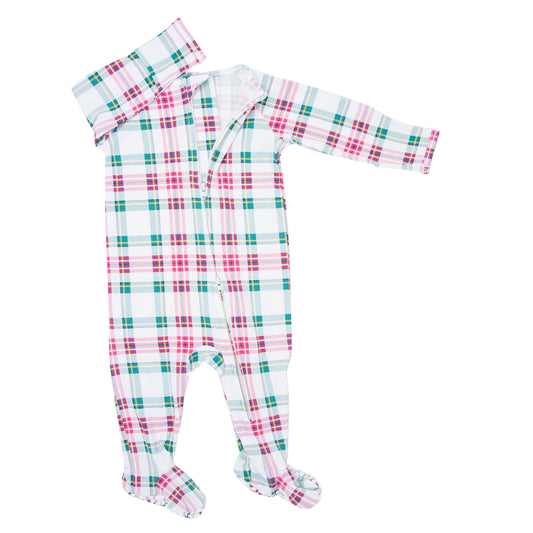 White Tartan Bamboo Zipper Footie