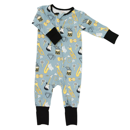 On That Note Zipper Romper.  Safe for sensitive skin. Tagless label for total comfort.  Machine washable and dryable!  95% Viscose from Bamboo 5% Spandex.