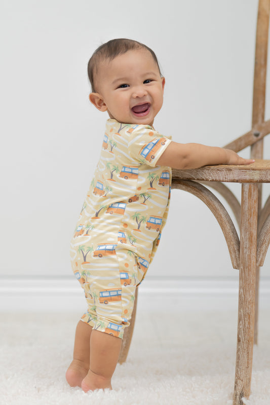 Surf Van Bamboo Shortie. The softest, cutest, easiest outfit! Tagless label for total comfort. Flexible for active lifestyles. Safe for sensitive skin.   Machine washable and dryable.  95% Bamboo Viscose, 5% Spandex.