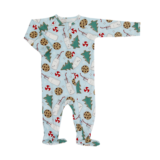 Santa's Cookies Blue Bamboo Zipper Footie