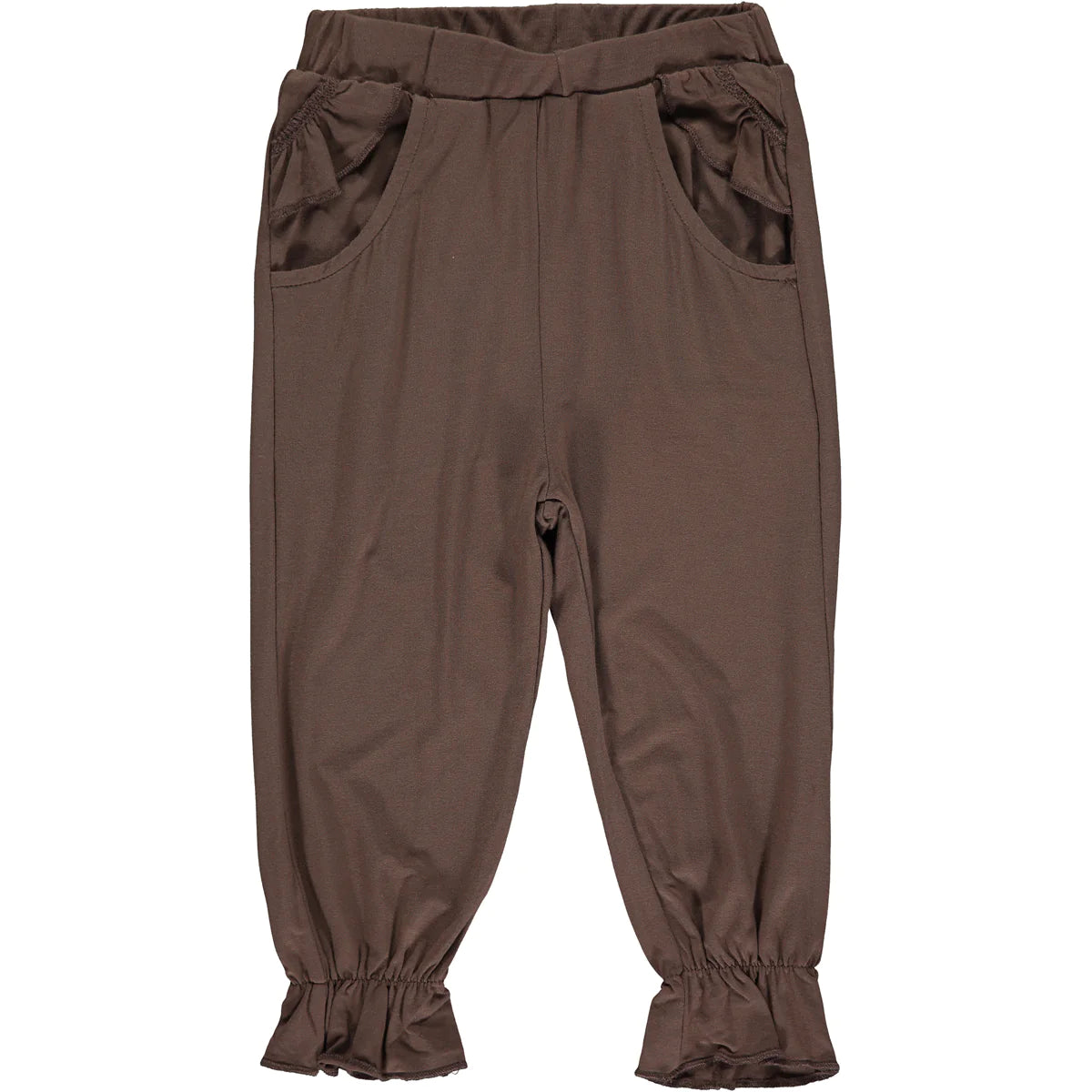 Your little one will be comfy and chic in these classicChocolate Ruffle Bamboo Pants. An essential for any wardrobe, they are made from buttery-soft bamboo fabric and feature softly gathered frills at the ankle and on the pockets. Pair with our Chocolate Frill Bamboo Onesie! 95% bamboo viscose, 5% spandex. Machine wash cold. 