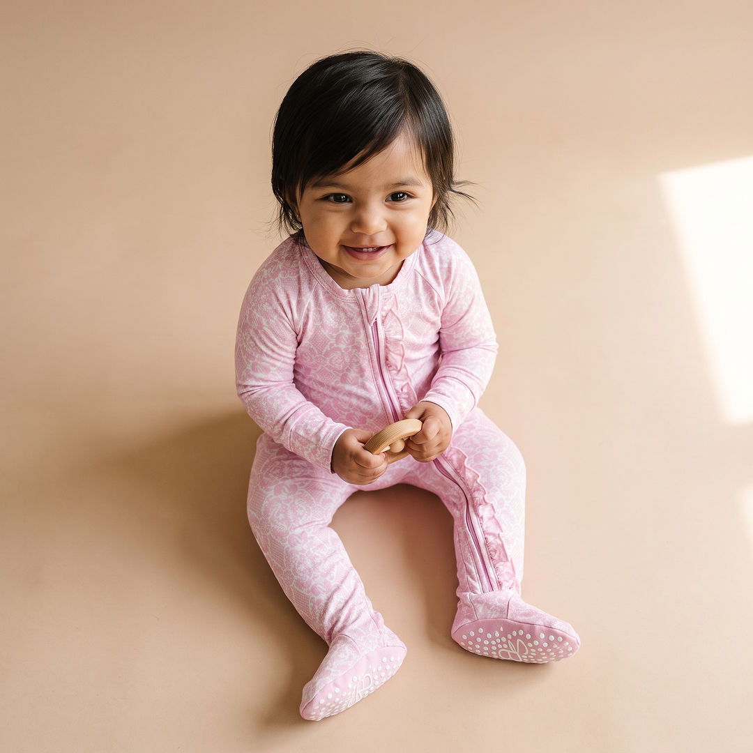 Pink Lace Bamboo Ruffle Footie
