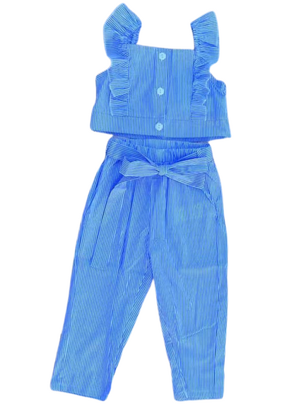 Blue Striped Ruffle Top + Pant Set
