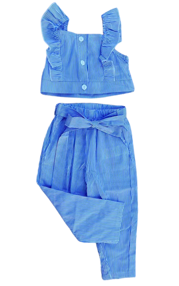Blue Striped Ruffle Top + Pant Set