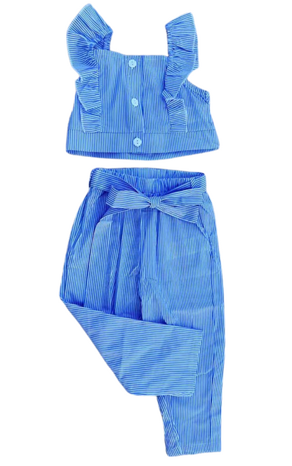 Blue Striped Ruffle Top + Pant Set