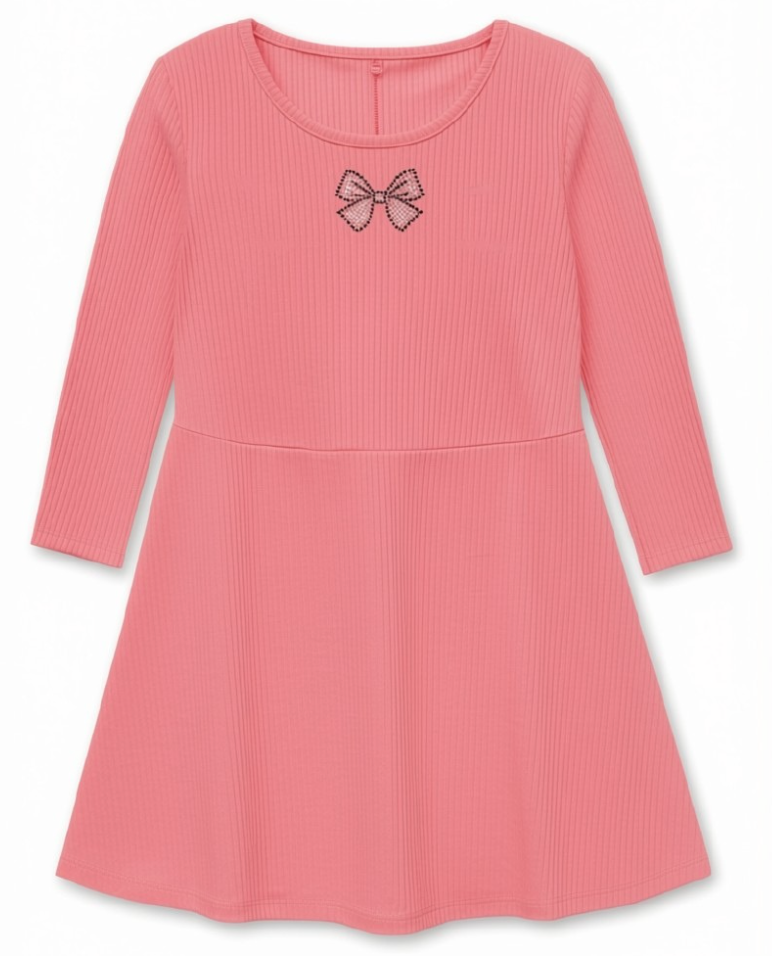 Rose Scoop Neck Ribbed Bow Dress