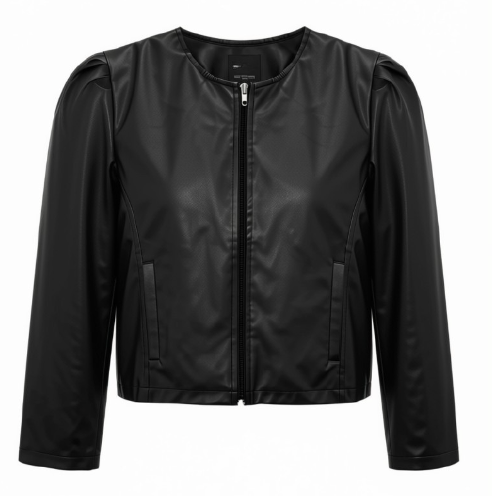 Black Pleather Jacket with Puff Sleeve