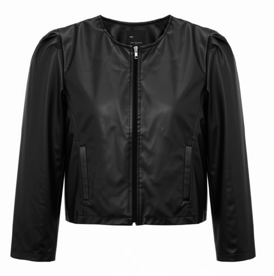 Black Pleather Jacket with Puff Sleeve