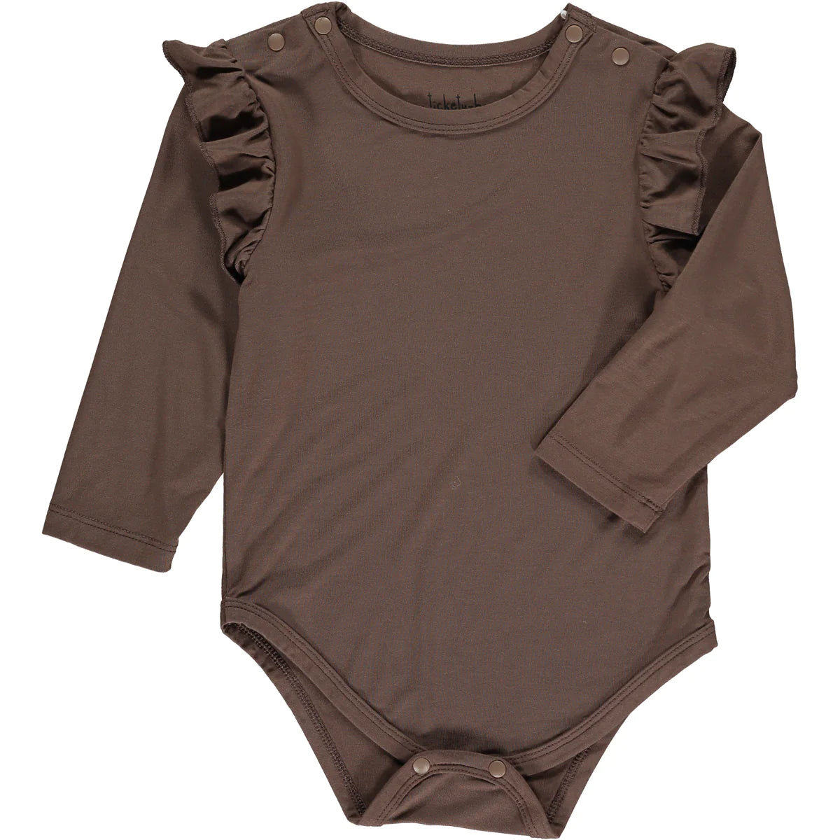 This Chocolate Frill Onesise is oh-so-soft and sweet. Features pretty ruffle frills at shoulder, and snaps at the neck and legs for easy changing. Pair with our Chocolate Ruffle Bamboo Pants!   95% bamboo viscose, 5% spandex. Machine wash cold. 