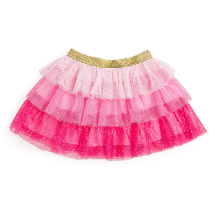The Sweet Wink Pink Petal Tutu is a fun skirt and dress up tutu for celebrating Valentine's Day and beyond! Features a super soft light pink, bubblegum and raspberry tiered tulle accented with gold glitter pin dots. Light pink cotton lining. Gold glitter waistband. Glitter accents are shed-free!   Hand wash and line dry. 