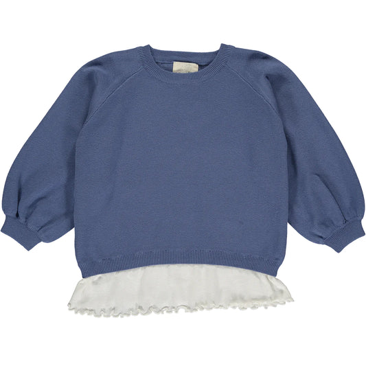 The Blue Logan Sweater is the ultimate in cozy chic! With its ruffled frills and super-soft cotton fabric, this sweater feels like a hug and looks like a dream.