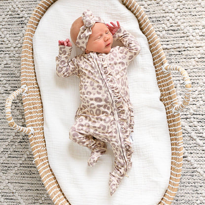 Amari Leopard Ruffle Bamboo Zip Romper
