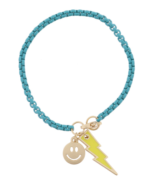 Teal Box Chain Happy Charm Bracelet