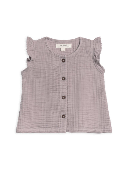 Tessa Muslin Button Ruffle Sleeve Top in Lilla