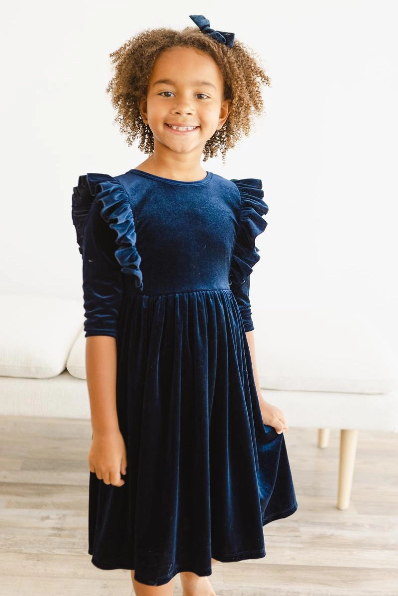 Navy Ruffle Velvet Twirl Dress