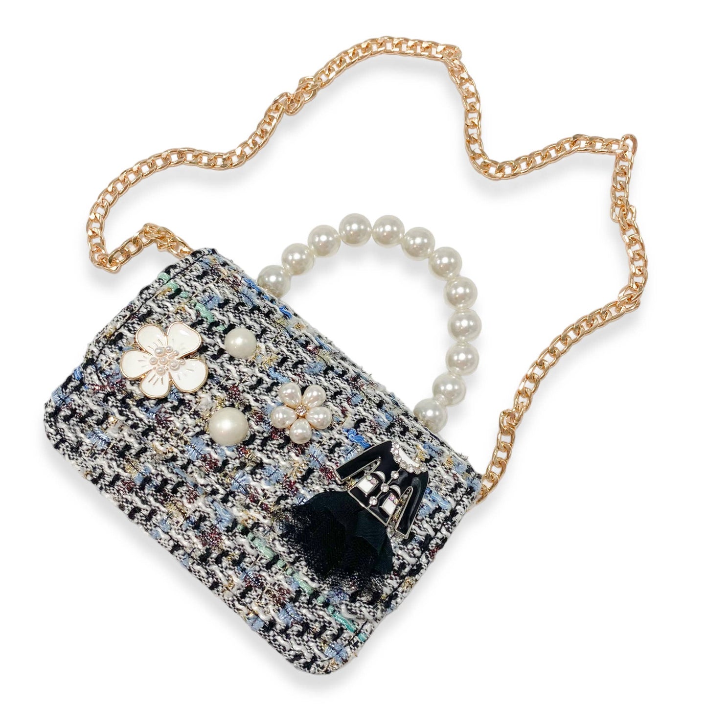 Floral Charms Tweed Purse with Pearl Top Handle