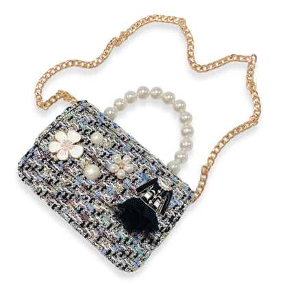 Floral Charms Tweed Purse with Pearl Top Handle