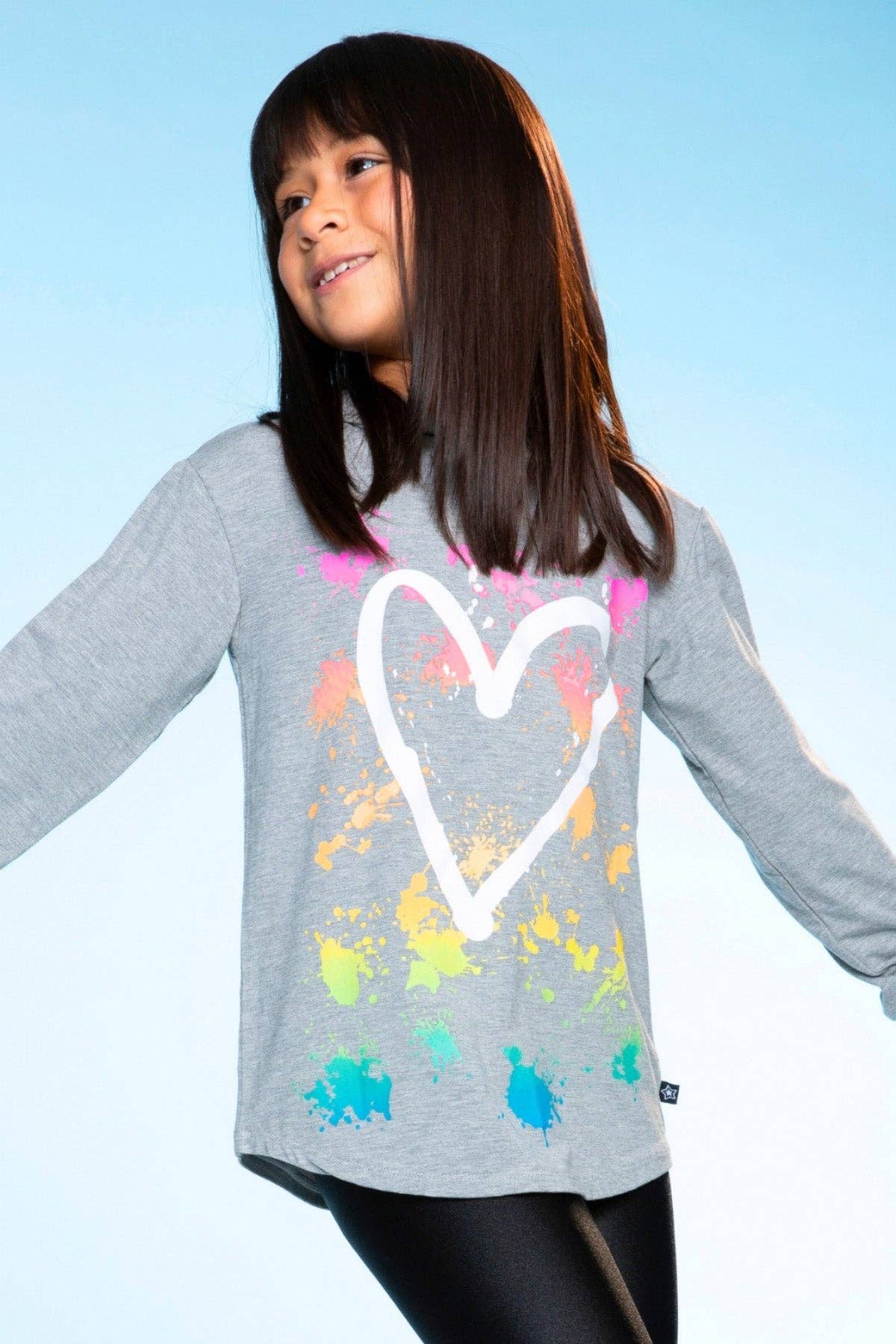 Heather Grey Rainbow Heart Modal Knit Hoodie Pullover with Thumbholes