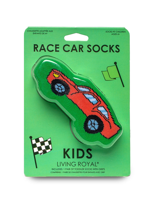 These fun 3D shaped Race Car socks are perfect for your speed demon. Pack comes with one pair of crew socks with nonslip grips on the bottom.  Fits ages 4+.   Machine washable. 