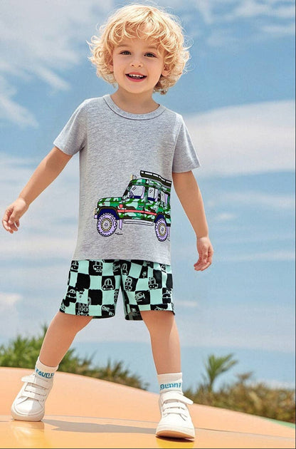 Teal Checkered Truck Tee + Shorts Set