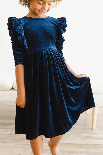 Navy Ruffle Velvet Twirl Dress