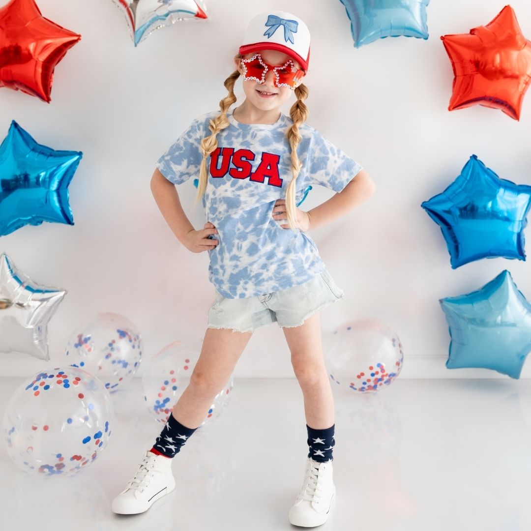 USA Patch Short Sleeve T-Shirt in Sky Tie Dye