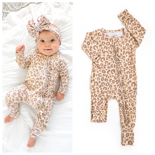 Amari Leopard Ruffle Bamboo Zip Romper