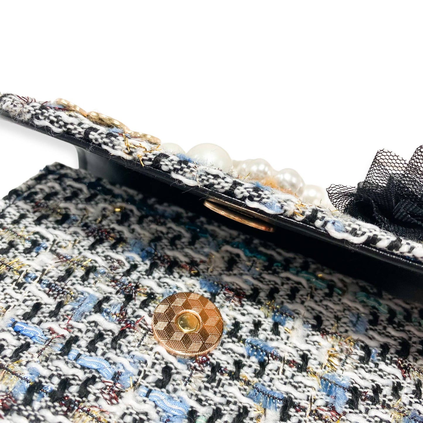 Floral Charms Tweed Purse with Pearl Top Handle
