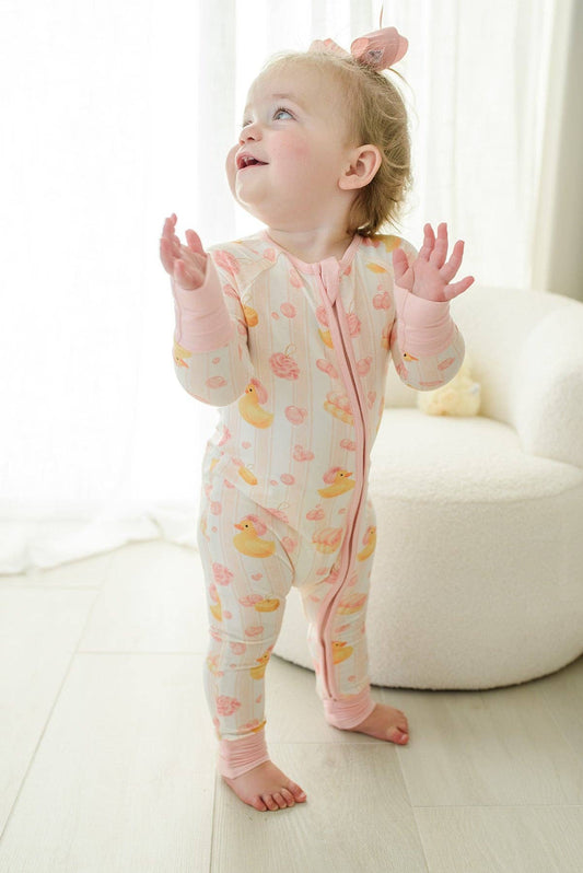 Bubble Duckies Pink Convertible Bamboo Zip Romper