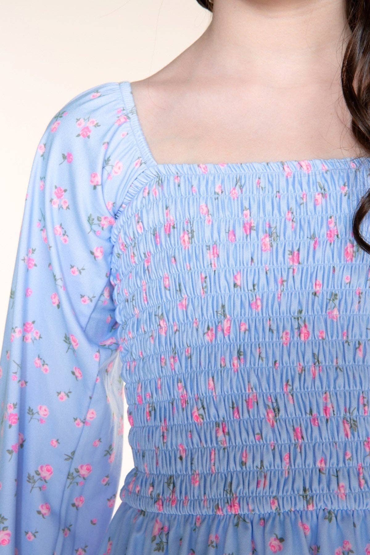 Light Blue Floral Simply Soft Smocked Ruffle Dress