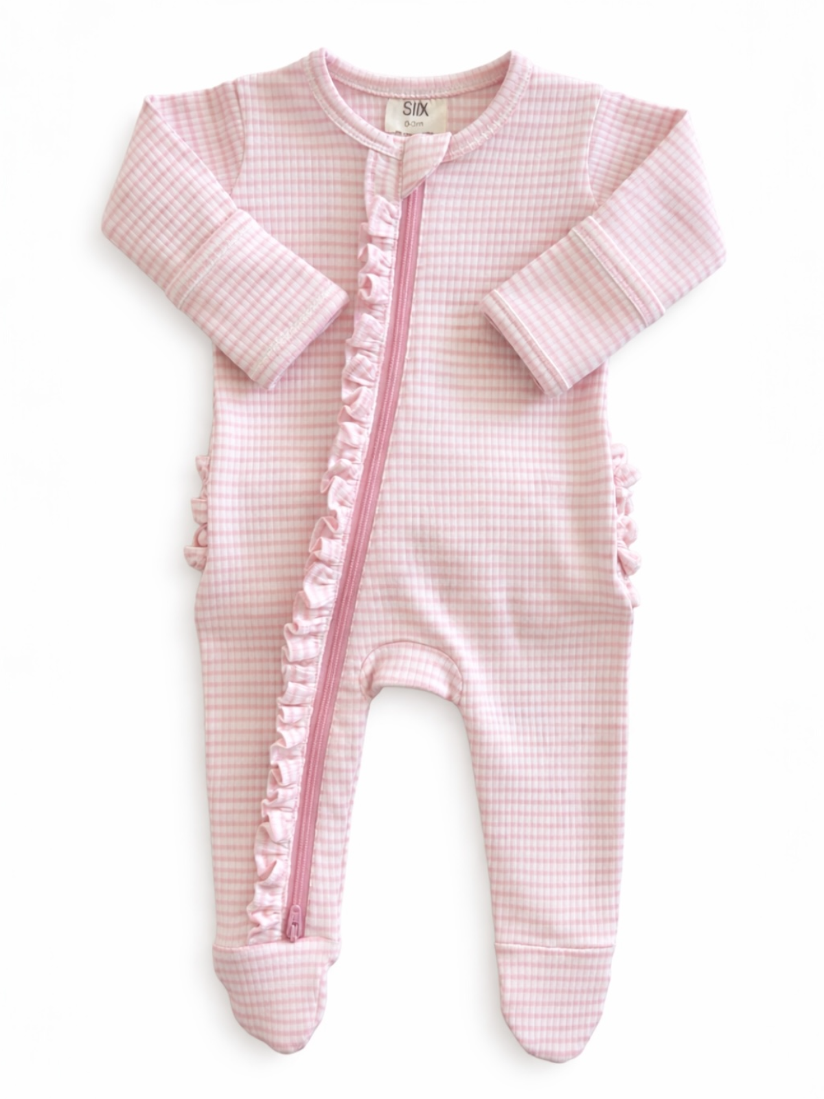 Pink Stripe Ribbed Frill Zipper Footie