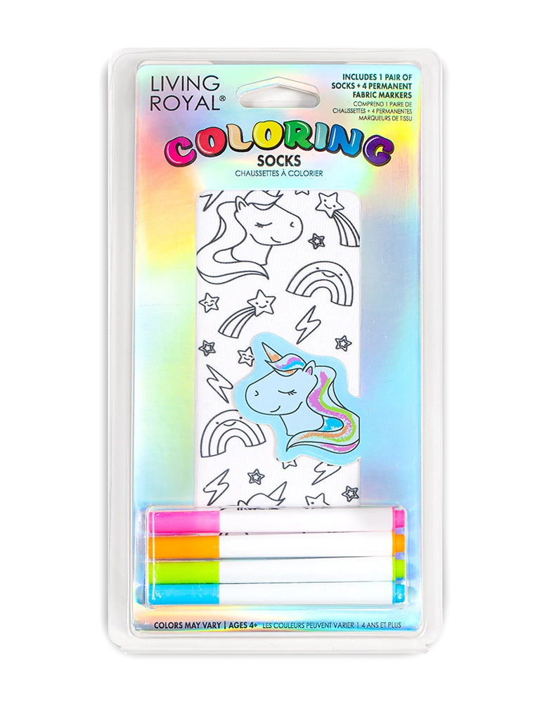 <p><span data-mce-fragment="1">Color your way with our Unicorn Galaxy Coloring Socks! </span></p> <p><span data-mce-fragment="1">Pack includes 1 pair of&nbsp;coloring ankle&nbsp;socks + 4 permanent fabric markers (colors may vary).</span></p> <p><span data-mce-fragment="1">ONE SIZE FITS MOST(child age 4+ through women size 11).&nbsp;</span></p> <p><span data-mce-fragment="1">Machine washable.</span></p>