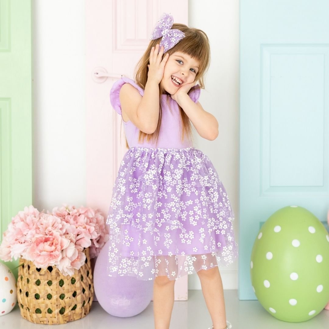 Lavender Ditsy Daisy Tiered Short Sleeve Tutu Dress