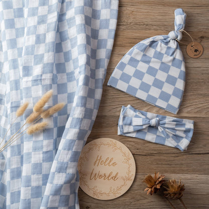 Mist Blue Checkered Organic Cotton Swaddle Set
