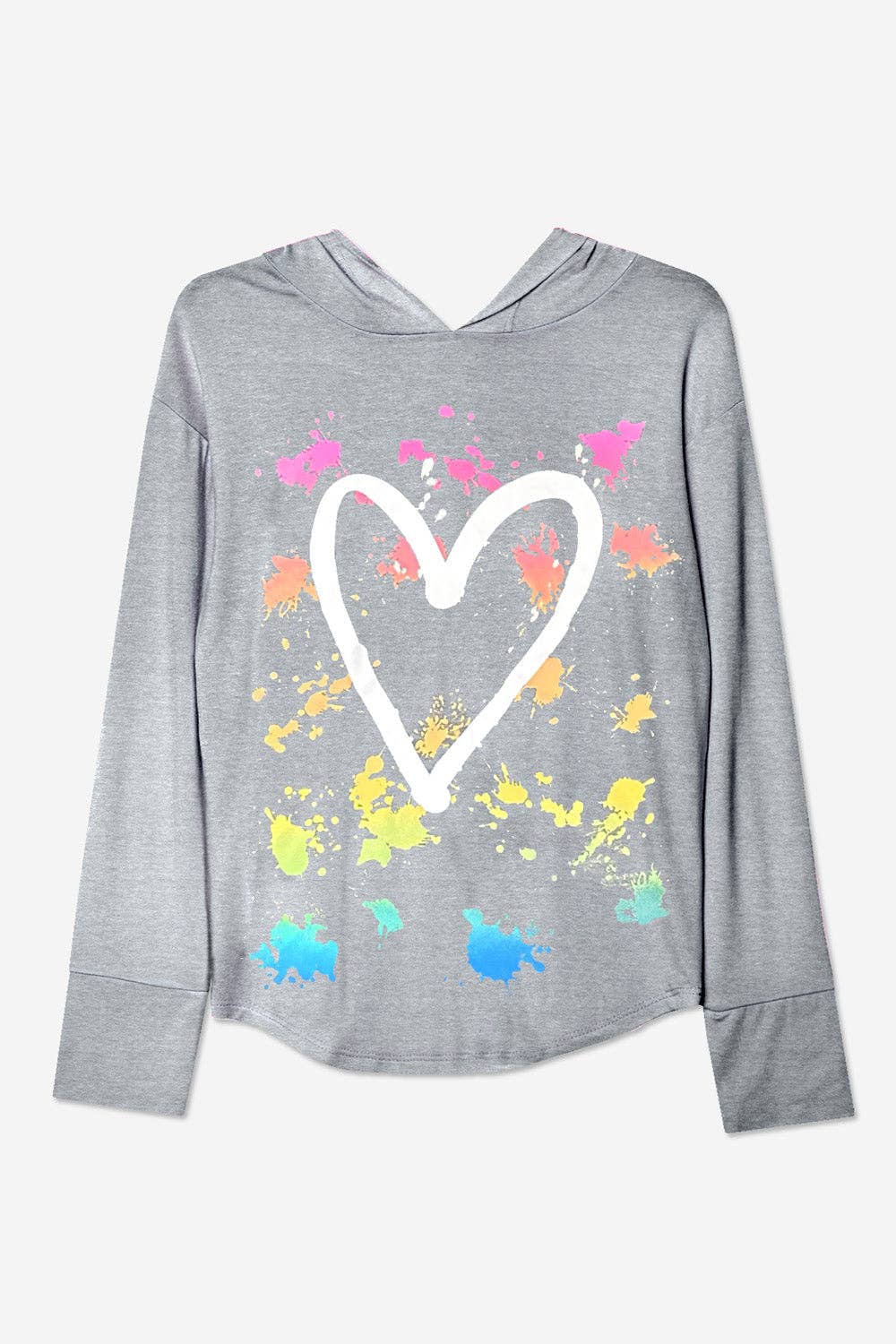 Heather Grey Rainbow Heart Modal Knit Hoodie Pullover with Thumbholes