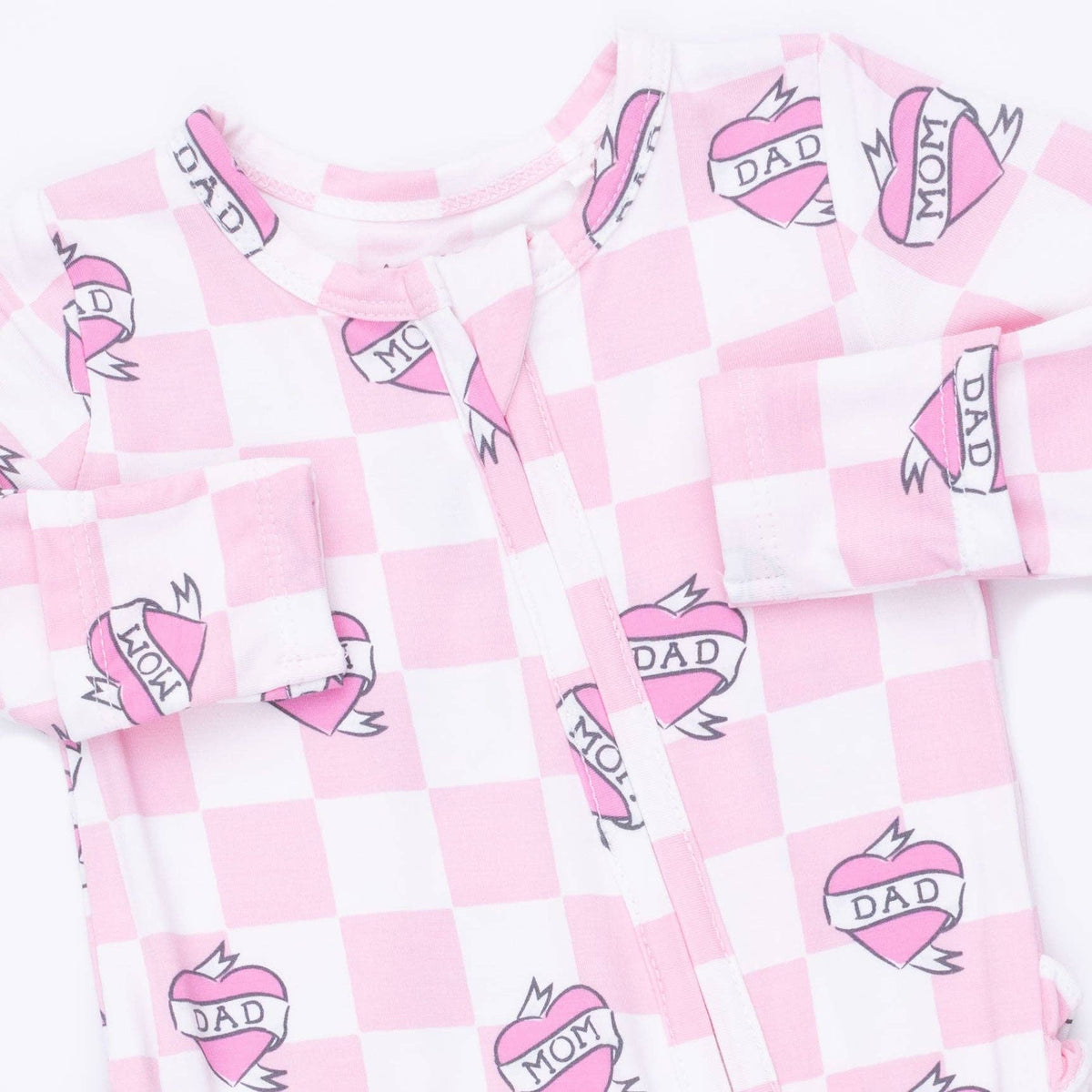Heart Tattoo Pink Bamboo Ruffle Zipper Footie