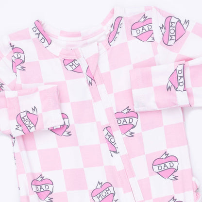 Heart Tattoo Pink Bamboo Ruffle Zipper Footie