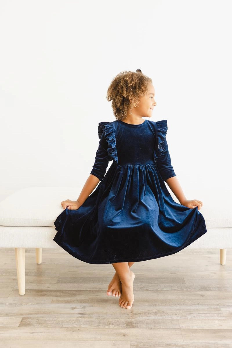 Navy Ruffle Velvet Twirl Dress