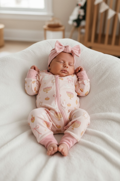 Pretty In Pink Hanukkah Bamboo Convertible Zip Footie