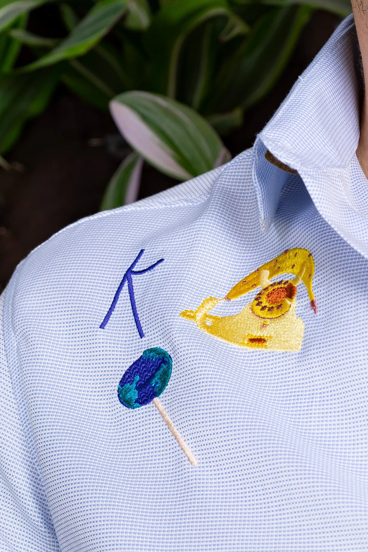 Blue Oxford Embroidered Anti-Spill Button Up