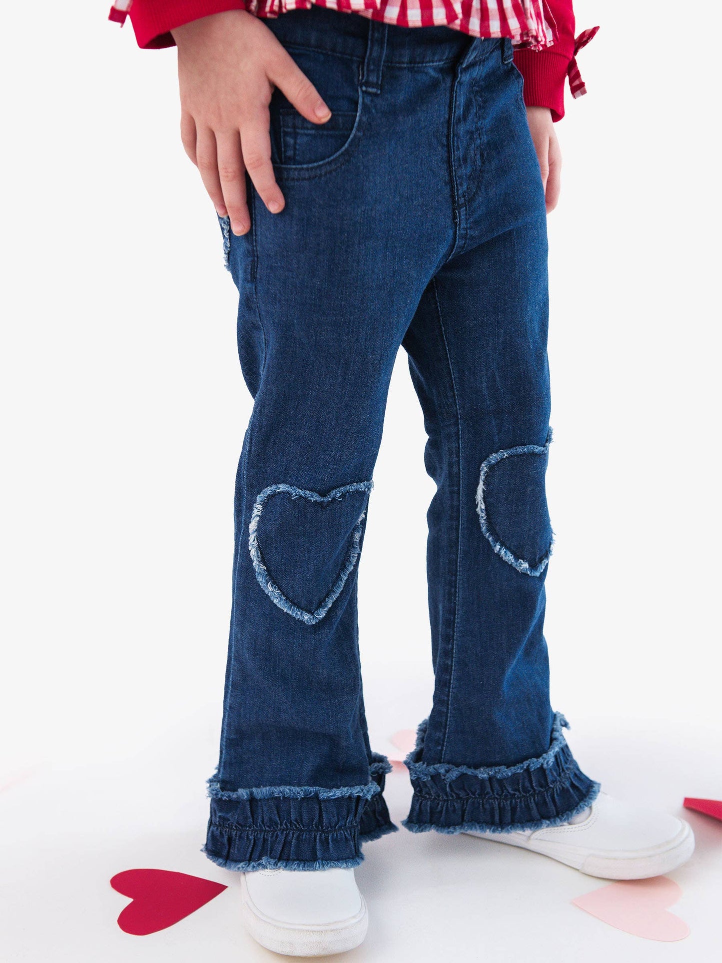 Stretch Denim Heart Applique Crop Flare Jeans